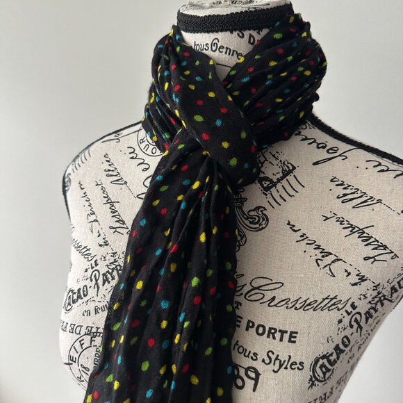 Black Multicolor Polka Dot Crinkle Scarf - Lightweight Fashion Wrap with Fringe - Picture 3 of 3